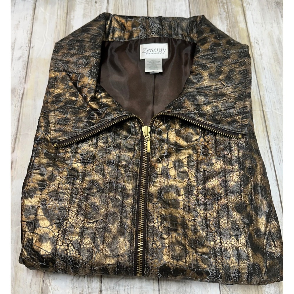 Zenergy by Chicos‎ Gold Metallic Animal Print Zip Up Vest Size 2(U.S. 12)